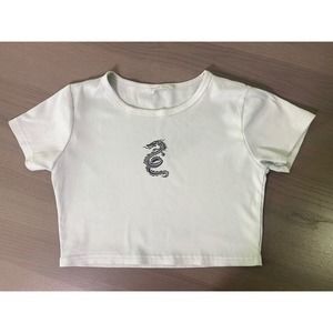 Romwe Light Gray Dragon Print Crop Top Women’s Size‎ Small-4